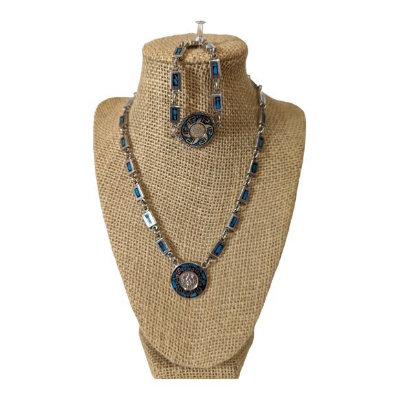 Vintage Taxco Mexico 925 Sterling Silver Necklace & Bracelet Set Sundial Design - Picture 1 of 16